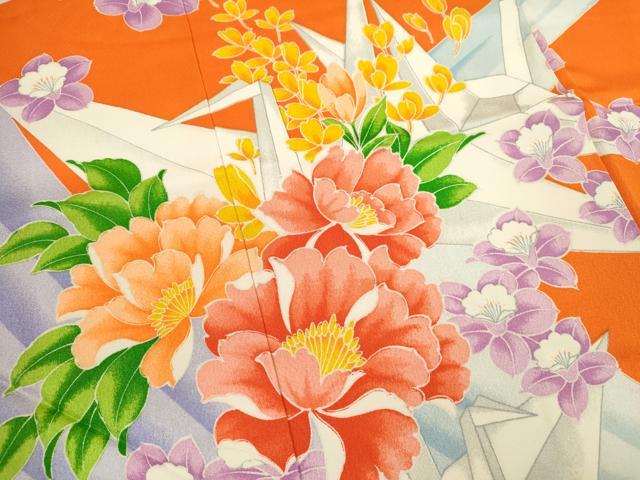 平和屋着物[]七五三　女の子　７歳　祝着　四つ身　折り鶴　草花文　逸品　CAAZ7096ze