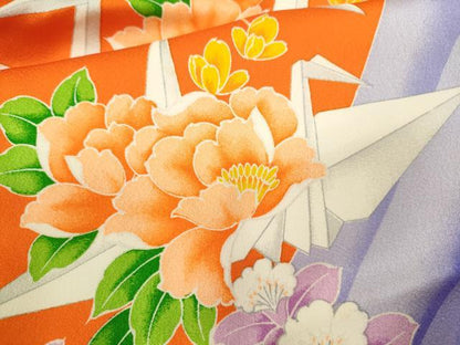 平和屋着物[]七五三　女の子　７歳　祝着　四つ身　折り鶴　草花文　逸品　CAAZ7096ze