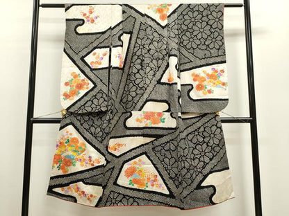 平和屋着物[]七五三　女の子　７歳　祝着　四つ身　駒刺繍　絞り　扇面草花文　黒地　金彩　逸品　CAAZ7097ze