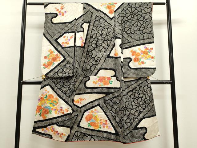 平和屋着物[]七五三　女の子　７歳　祝着　四つ身　駒刺繍　絞り　扇面草花文　黒地　金彩　逸品　CAAZ7097ze