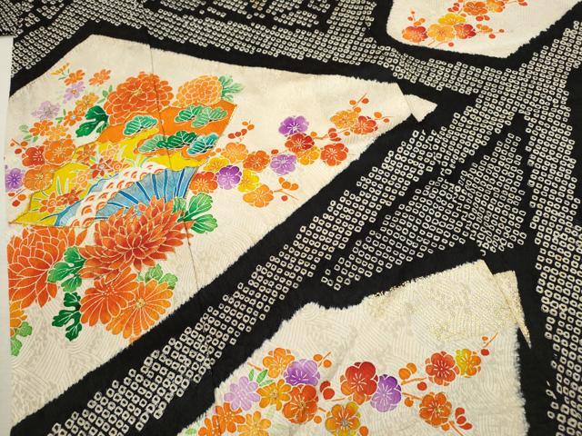 平和屋着物[]七五三　女の子　７歳　祝着　四つ身　駒刺繍　絞り　扇面草花文　黒地　金彩　逸品　CAAZ7097ze