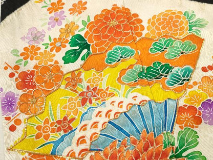 平和屋着物[]七五三　女の子　７歳　祝着　四つ身　駒刺繍　絞り　扇面草花文　黒地　金彩　逸品　CAAZ7097ze