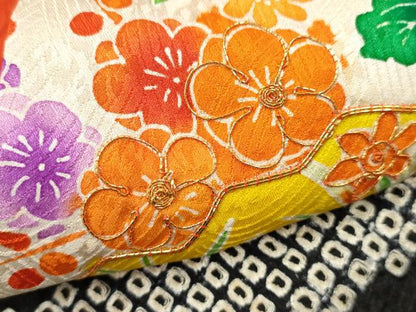 平和屋着物[]七五三　女の子　７歳　祝着　四つ身　駒刺繍　絞り　扇面草花文　黒地　金彩　逸品　CAAZ7097ze
