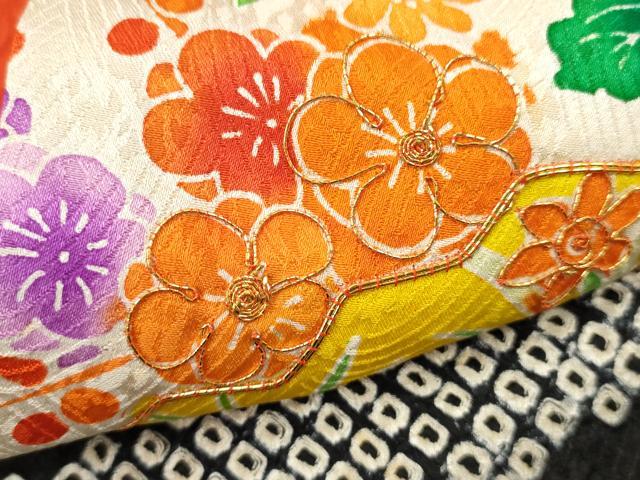 平和屋着物[]七五三　女の子　７歳　祝着　四つ身　駒刺繍　絞り　扇面草花文　黒地　金彩　逸品　CAAZ7097ze
