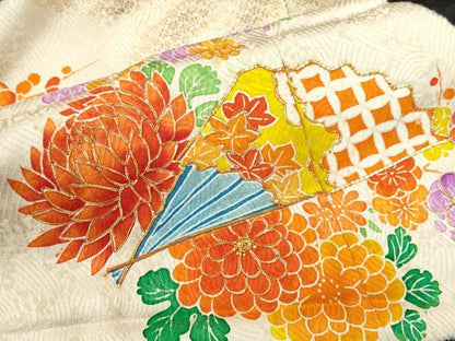 平和屋着物[]七五三　女の子　７歳　祝着　四つ身　駒刺繍　絞り　扇面草花文　黒地　金彩　逸品　CAAZ7097ze