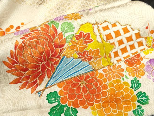 平和屋着物[]七五三　女の子　７歳　祝着　四つ身　駒刺繍　絞り　扇面草花文　黒地　金彩　逸品　CAAZ7097ze