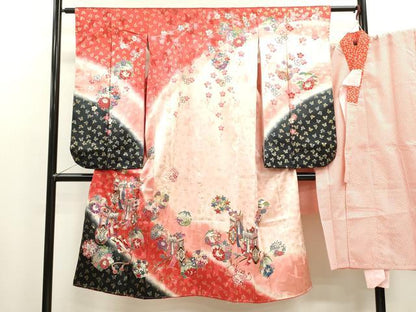 平和屋着物[]七五三　女の子　７歳　祝着　四つ身　長襦袢セット　御所車舞蝶草花丸文　暈し染め　金銀彩　逸品　CAAZ7098ze