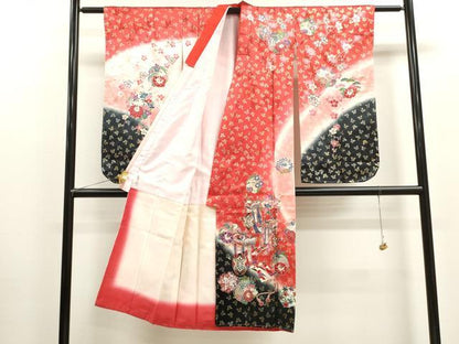 平和屋着物[]七五三　女の子　７歳　祝着　四つ身　長襦袢セット　御所車舞蝶草花丸文　暈し染め　金銀彩　逸品　CAAZ7098ze
