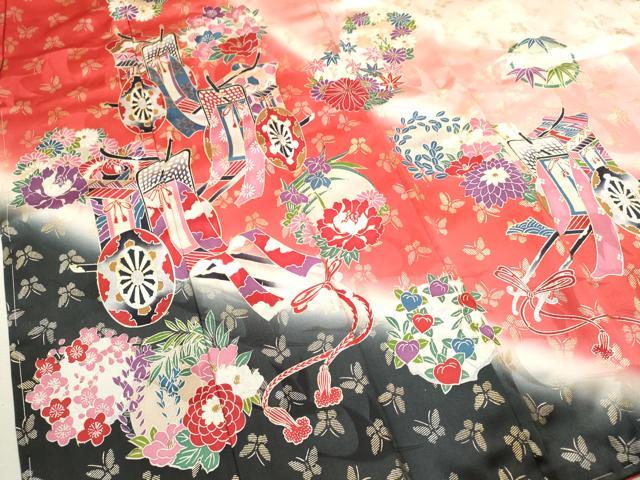 平和屋着物[]七五三　女の子　７歳　祝着　四つ身　長襦袢セット　御所車舞蝶草花丸文　暈し染め　金銀彩　逸品　CAAZ7098ze