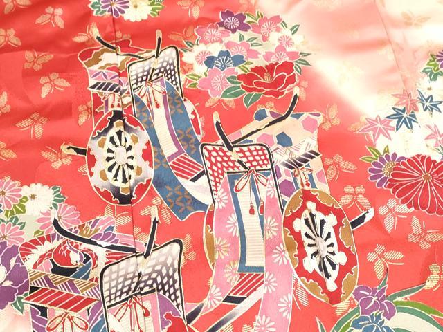 平和屋着物[]七五三　女の子　７歳　祝着　四つ身　長襦袢セット　御所車舞蝶草花丸文　暈し染め　金銀彩　逸品　CAAZ7098ze
