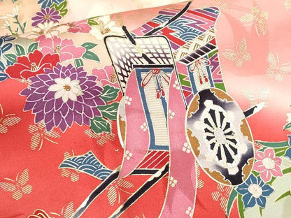 平和屋着物[]七五三　女の子　７歳　祝着　四つ身　長襦袢セット　御所車舞蝶草花丸文　暈し染め　金銀彩　逸品　CAAZ7098ze