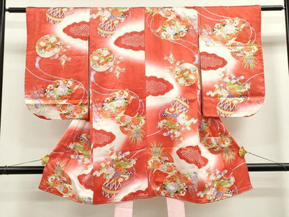 平和屋着物[]七五三　女の子　３歳　祝着　三つ身　絞り　雲取り鈴鞠草花文　暈し染め　金彩　逸品　CAAZ7099ze