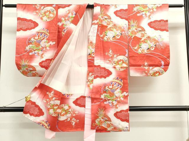 平和屋着物[]七五三　女の子　３歳　祝着　三つ身　絞り　雲取り鈴鞠草花文　暈し染め　金彩　逸品　CAAZ7099ze