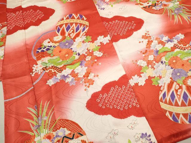 平和屋着物[]七五三　女の子　３歳　祝着　三つ身　絞り　雲取り鈴鞠草花文　暈し染め　金彩　逸品　CAAZ7099ze