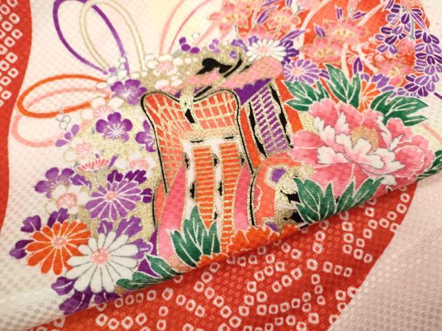 平和屋着物[]七五三　女の子　７歳　祝着　四つ身　御所車結び紐花丸文　暈し染め　金彩　洗える着物　CAAZ7103ze
