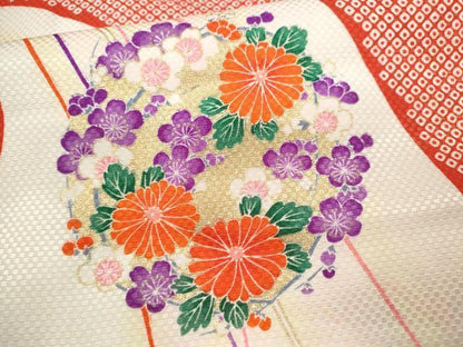 平和屋着物[]七五三　女の子　７歳　祝着　四つ身　御所車結び紐花丸文　暈し染め　金彩　洗える着物　CAAZ7103ze