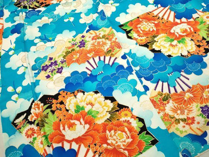 平和屋着物[]七五三　女の子　３歳　祝着　三つ身　扇面草花文　金彩　逸品　CAAZ7104ze
