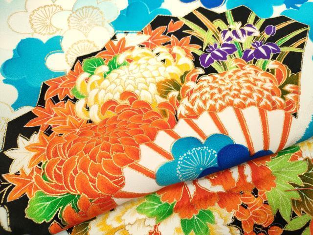平和屋着物[]七五三　女の子　３歳　祝着　三つ身　扇面草花文　金彩　逸品　CAAZ7104ze