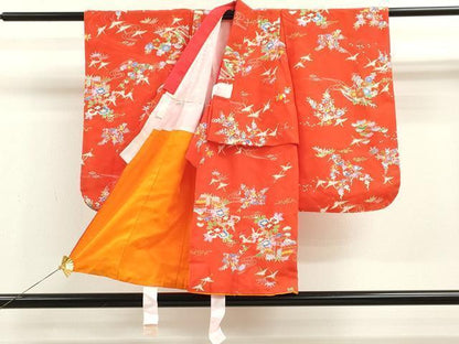 平和屋着物[]七五三　女の子　３歳　祝着　三つ身　長襦袢セット　飛鶴籬草花文　金彩　逸品　CAAZ7105ze