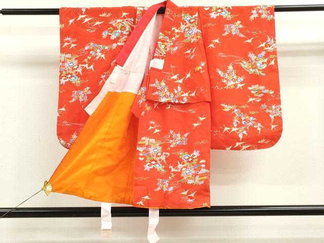 平和屋着物[]七五三　女の子　３歳　祝着　三つ身　長襦袢セット　飛鶴籬草花文　金彩　逸品　CAAZ7105ze