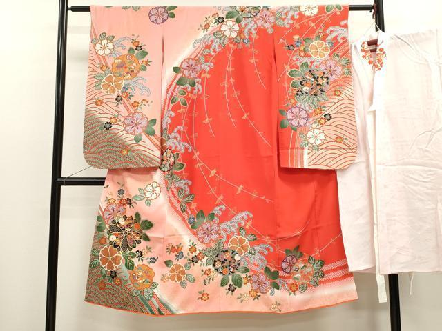 平和屋着物[]七五三　女の子　７歳　祝着　四つ身　長襦袢セット　立波宝尽くし舞花文　暈し染め　金彩　逸品　CAAZ7107ze