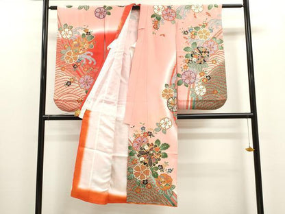 平和屋着物[]七五三　女の子　７歳　祝着　四つ身　長襦袢セット　立波宝尽くし舞花文　暈し染め　金彩　逸品　CAAZ7107ze