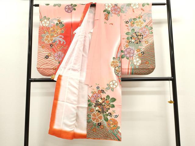 平和屋着物[]七五三　女の子　７歳　祝着　四つ身　長襦袢セット　立波宝尽くし舞花文　暈し染め　金彩　逸品　CAAZ7107ze