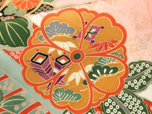 平和屋着物[]七五三　女の子　７歳　祝着　四つ身　長襦袢セット　立波宝尽くし舞花文　暈し染め　金彩　逸品　CAAZ7107ze
