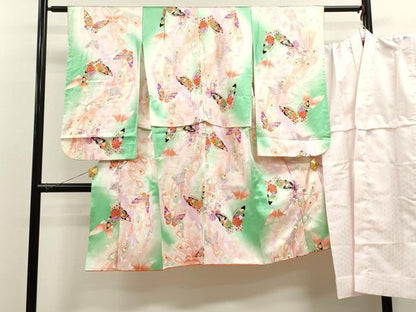 平和屋着物[]七五三　女の子　７歳　祝着　四つ身　長襦袢セット　孔雀羽舞蝶花文　暈し染め　金銀彩　逸品　CAAZ7108ze