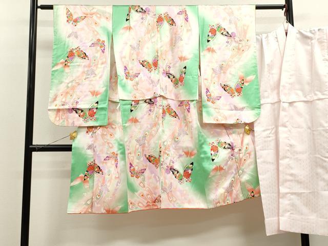 平和屋着物[]七五三　女の子　７歳　祝着　四つ身　長襦袢セット　孔雀羽舞蝶花文　暈し染め　金銀彩　逸品　CAAZ7108ze