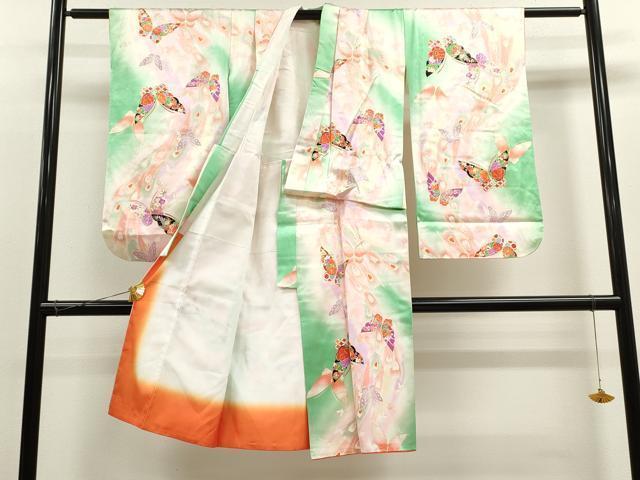 平和屋着物[]七五三　女の子　７歳　祝着　四つ身　長襦袢セット　孔雀羽舞蝶花文　暈し染め　金銀彩　逸品　CAAZ7108ze