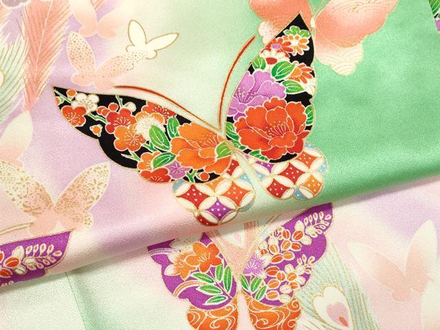平和屋着物[]七五三　女の子　７歳　祝着　四つ身　長襦袢セット　孔雀羽舞蝶花文　暈し染め　金銀彩　逸品　CAAZ7108ze