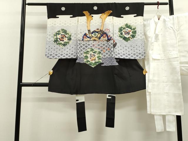 平和屋着物[]七五三　男の子　祝着・長襦袢セット　駒刺繍　兜　宝尽くし松文　金糸　逸品　CAAZ7115ze
