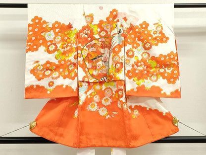 平和屋着物[]七五三　女の子　３歳　祝着　三つ身　長襦袢セット　刺繍　扇面飛鶴草花文　金彩　逸品　CAAZ7116ze