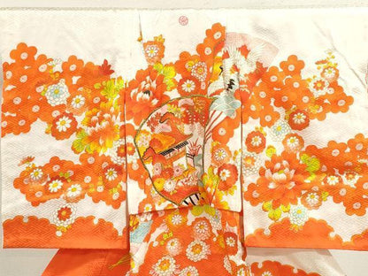 平和屋着物[]七五三　女の子　３歳　祝着　三つ身　長襦袢セット　刺繍　扇面飛鶴草花文　金彩　逸品　CAAZ7116ze