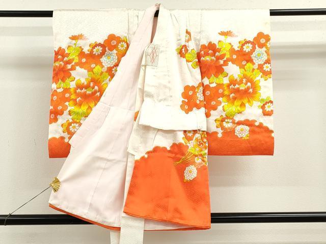 平和屋着物[]七五三　女の子　３歳　祝着　三つ身　長襦袢セット　刺繍　扇面飛鶴草花文　金彩　逸品　CAAZ7116ze