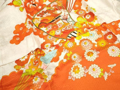 平和屋着物[]七五三　女の子　３歳　祝着　三つ身　長襦袢セット　刺繍　扇面飛鶴草花文　金彩　逸品　CAAZ7116ze