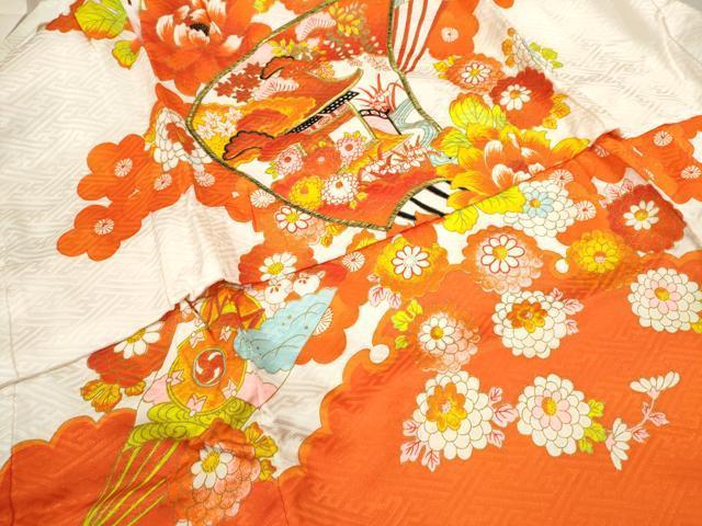 平和屋着物[]七五三　女の子　３歳　祝着　三つ身　長襦袢セット　刺繍　扇面飛鶴草花文　金彩　逸品　CAAZ7116ze