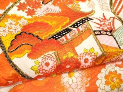 平和屋着物[]七五三　女の子　３歳　祝着　三つ身　長襦袢セット　刺繍　扇面飛鶴草花文　金彩　逸品　CAAZ7116ze
