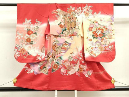 平和屋着物[]七五三　女の子　３歳　祝着　三つ身　御所車飛鶴枝花文　暈し染め　金彩　逸品　CAAZ7117ze