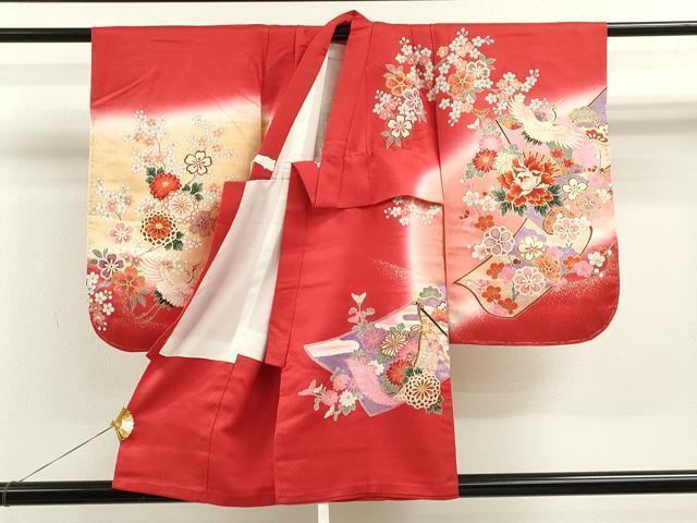平和屋着物[]七五三　女の子　３歳　祝着　三つ身　御所車飛鶴枝花文　暈し染め　金彩　逸品　CAAZ7117ze