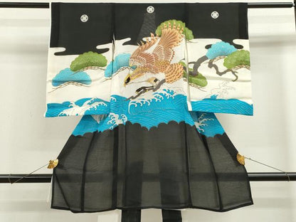 平和屋着物＊夏物 お宮参り 男の子 祝着 産着 初着 のしめ 絽 刺繍 鷹 立波松文 金彩 逸品 CAAZ7124ze