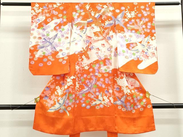 平和屋着物[]お宮参り　女の子　祝着　産着　初着　のしめ　駒刺繍　花鳥文　金彩　洗える着物　CAAZ7125ze