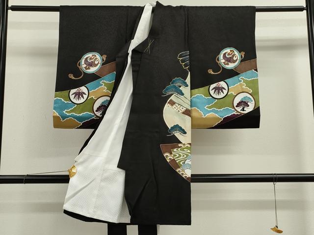 平和屋着物[]お宮参り　男の子　祝着　産着　初着　のしめ　鷹　兜　吉祥草花文　黒地　金彩　逸品　CAAZ7126ze
