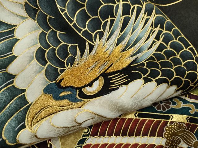 平和屋着物[]お宮参り　男の子　祝着　産着　初着　のしめ　鷹　兜　吉祥草花文　黒地　金彩　逸品　CAAZ7126ze