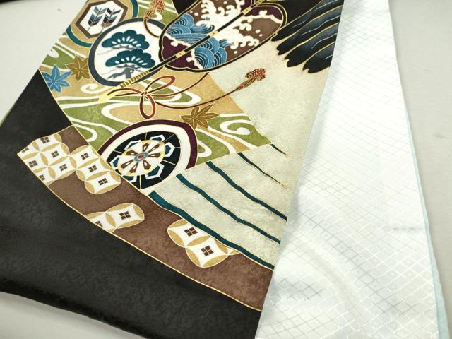 平和屋着物[]お宮参り　男の子　祝着　産着　初着　のしめ　鷹　兜　吉祥草花文　黒地　金彩　逸品　CAAZ7126ze