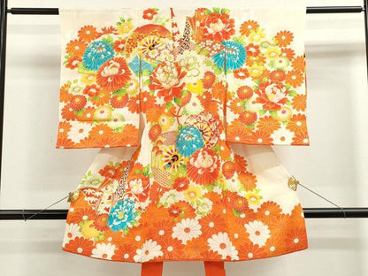 平和屋着物[]お宮参り　女の子　祝着　産着　初着　のしめ　駒刺繍　折り鶴　片輪車花文　金彩　逸品　CAAZ7128ze