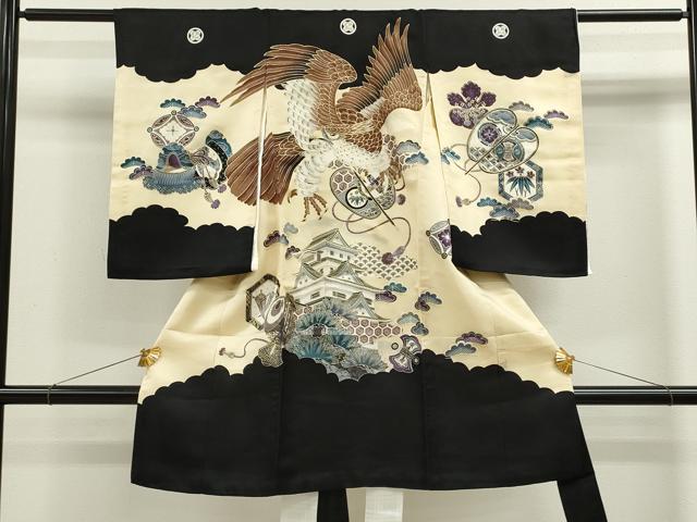 平和屋着物[]お宮参り　男の子　祝着　産着　初着　のしめ　鷹　宝尽くし風景文　金彩　逸品　CAAZ7131ze