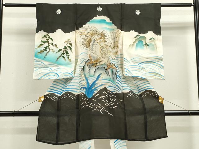 平和屋着物＊夏物 お宮参り 男の子 祝着 産着 初着 のしめ 絽 駒刺繍 鷹 立波松文 金彩 逸品 CAAZ7132ze