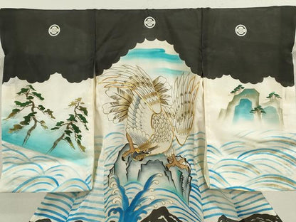 平和屋着物＊夏物 お宮参り 男の子 祝着 産着 初着 のしめ 絽 駒刺繍 鷹 立波松文 金彩 逸品 CAAZ7132ze